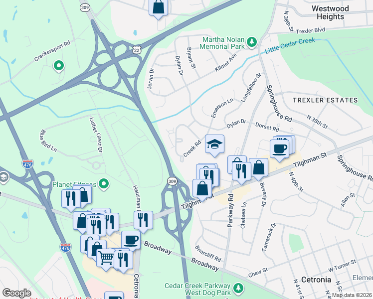 map of restaurants, bars, coffee shops, grocery stores, and more near 4369 Green Tree Lane in Allentown