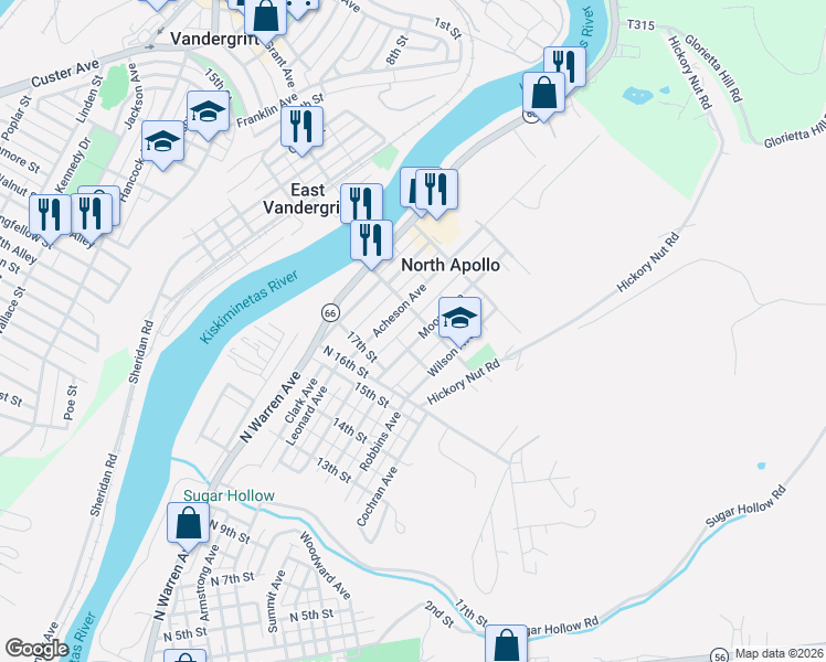 map of restaurants, bars, coffee shops, grocery stores, and more near 1727 Moore Avenue in North Apollo