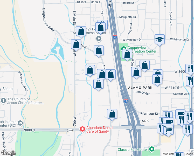 map of restaurants, bars, coffee shops, grocery stores, and more near 8660 Sandy Parkway in Sandy