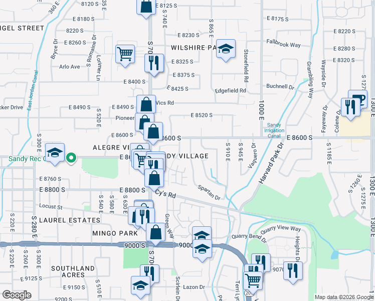 map of restaurants, bars, coffee shops, grocery stores, and more near 8646 South Spartan Drive in Sandy