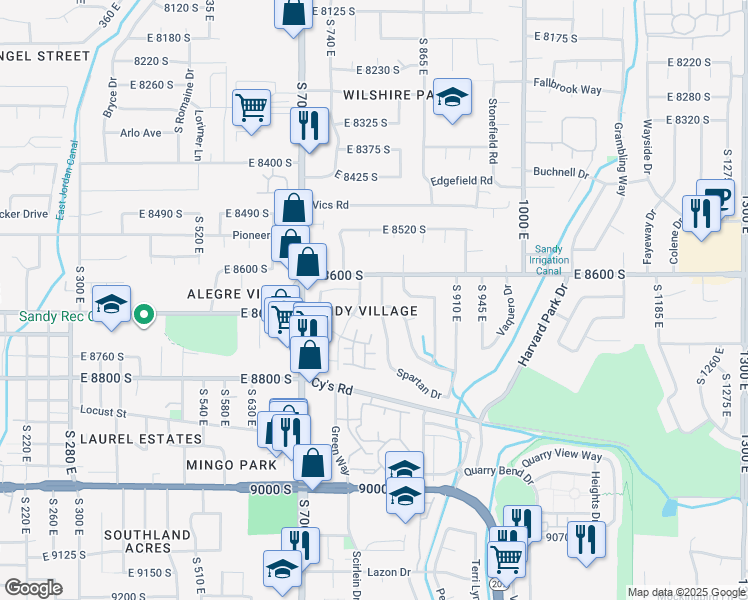 map of restaurants, bars, coffee shops, grocery stores, and more near 8646 South Spartan Drive in Sandy