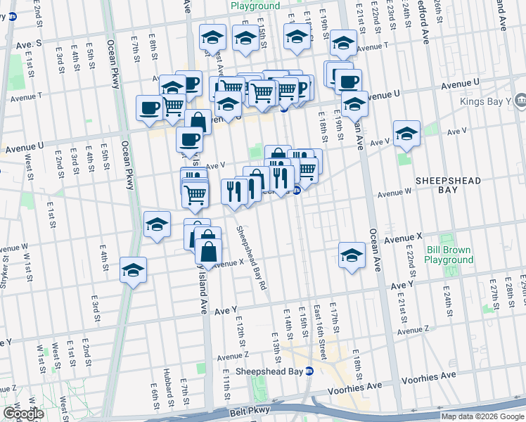 map of restaurants, bars, coffee shops, grocery stores, and more near 1223 Gravesend Neck Road in Brooklyn