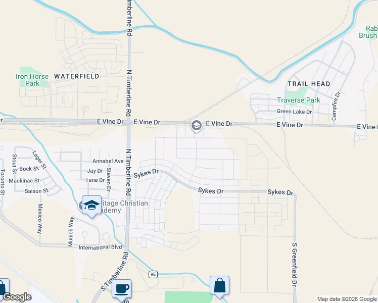 map of restaurants, bars, coffee shops, grocery stores, and more near 2832 Biplane Street in Fort Collins