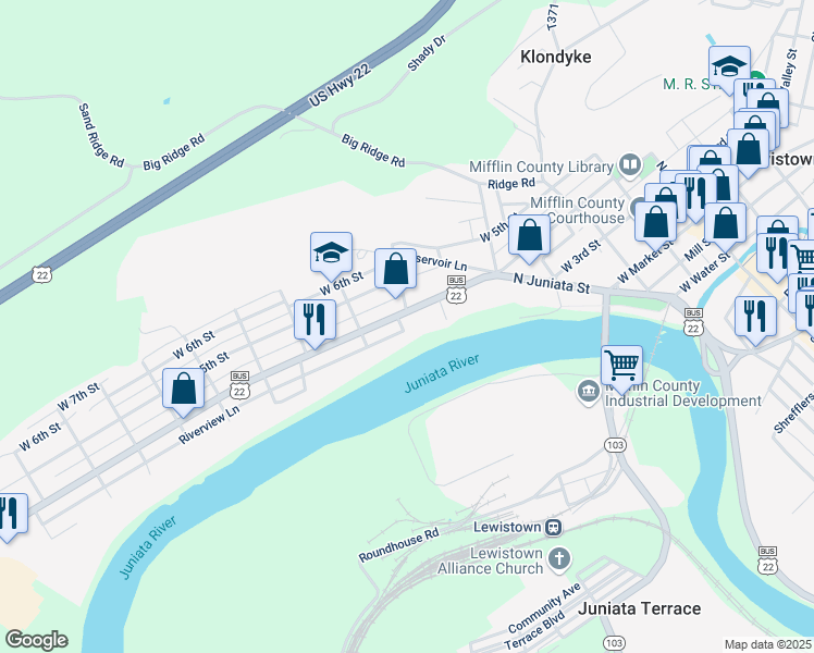 map of restaurants, bars, coffee shops, grocery stores, and more near 438 West 4th Street in Lewistown