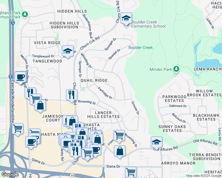 map of restaurants, bars, coffee shops, grocery stores, and more near 1531 Wingsetter Way in Redding