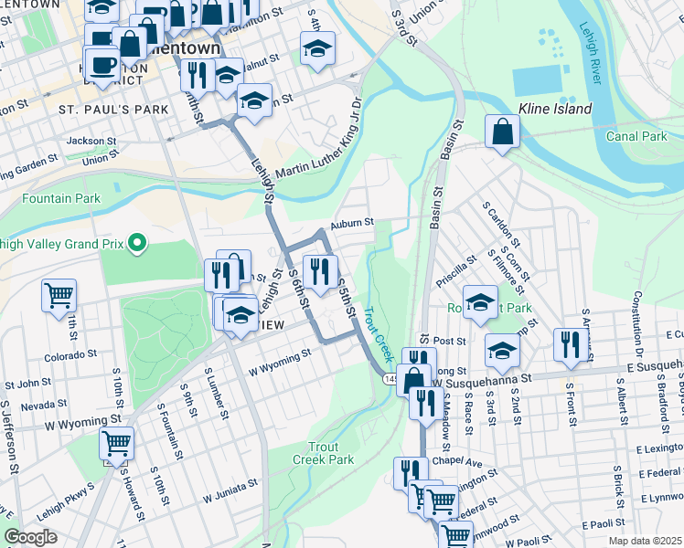 map of restaurants, bars, coffee shops, grocery stores, and more near 731 South 5th Street in Allentown