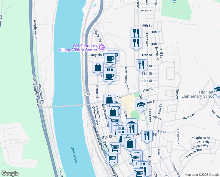 map of restaurants, bars, coffee shops, grocery stores, and more near 1154 Merchant Street in Ambridge