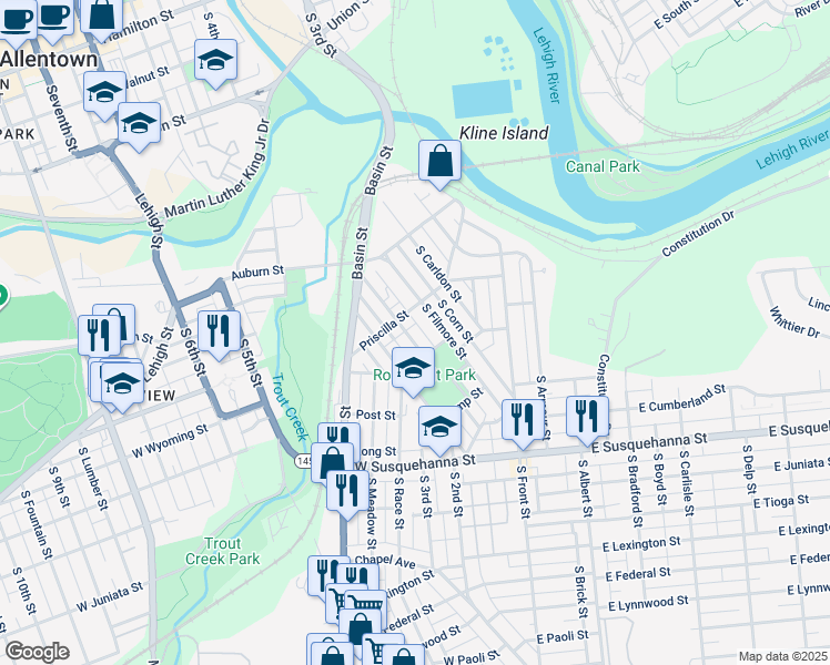 map of restaurants, bars, coffee shops, grocery stores, and more near 224 Priscilla Street in Allentown