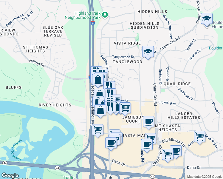 map of restaurants, bars, coffee shops, grocery stores, and more near 905 Mission De Oro Drive in Redding