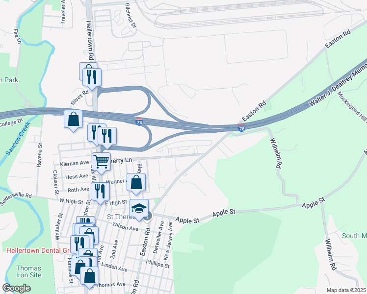 map of restaurants, bars, coffee shops, grocery stores, and more near 2515 Cherry Lane in Bethlehem