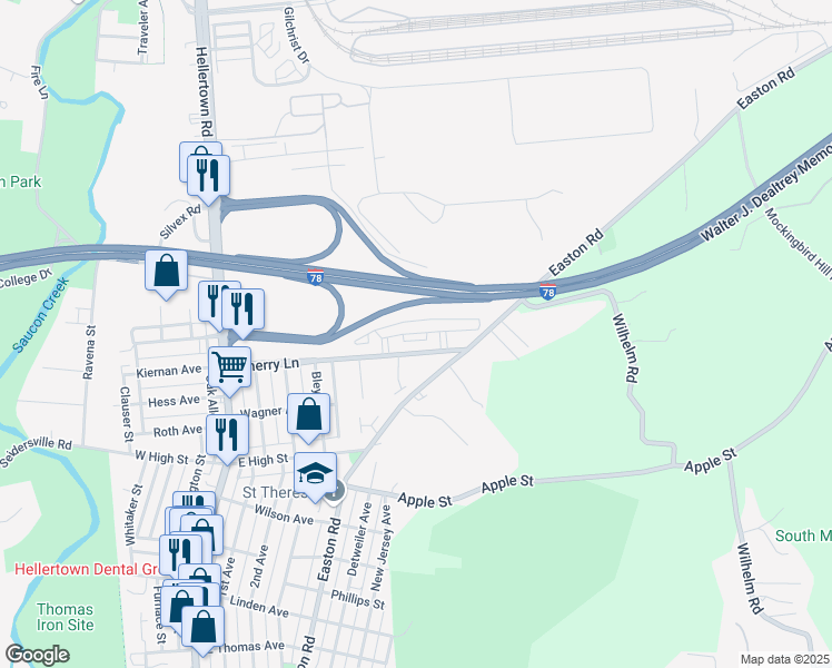 map of restaurants, bars, coffee shops, grocery stores, and more near 2515 Bethlehem Fields Way in Bethlehem