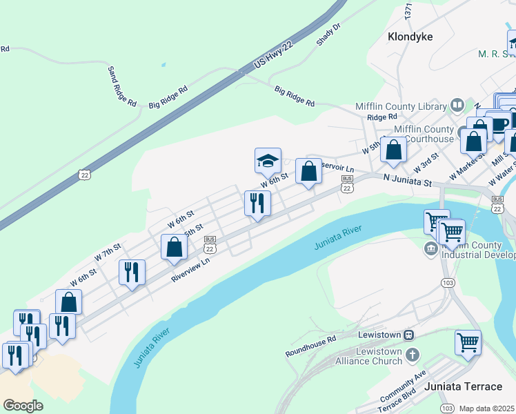 map of restaurants, bars, coffee shops, grocery stores, and more near 518 West 5th Street in Lewistown