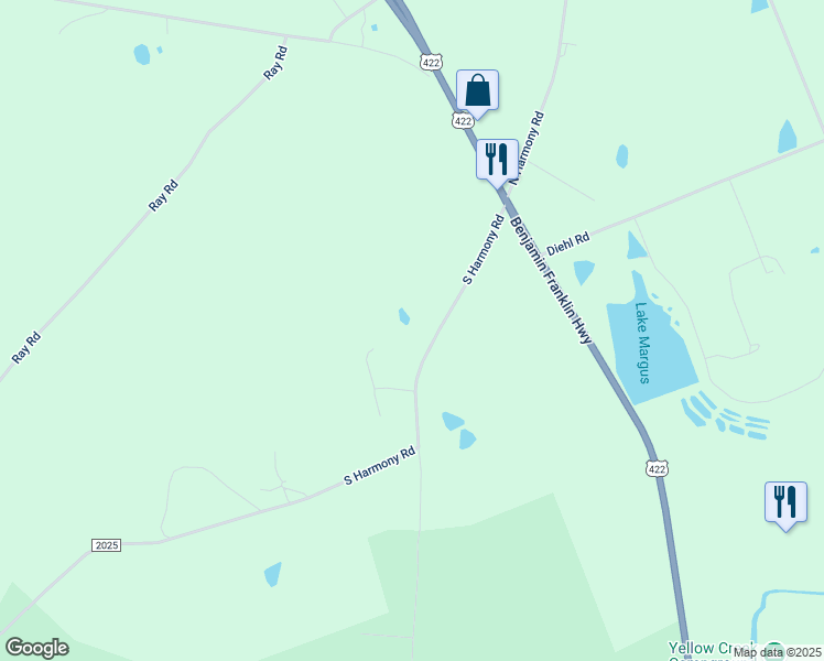 map of restaurants, bars, coffee shops, grocery stores, and more near 288 South Harmony Road in Penn Run