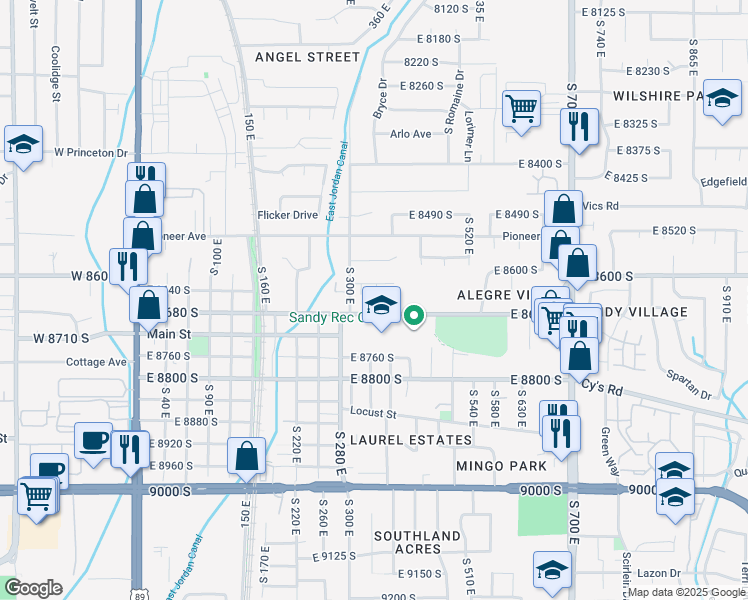 map of restaurants, bars, coffee shops, grocery stores, and more near 354 8620 South in Sandy