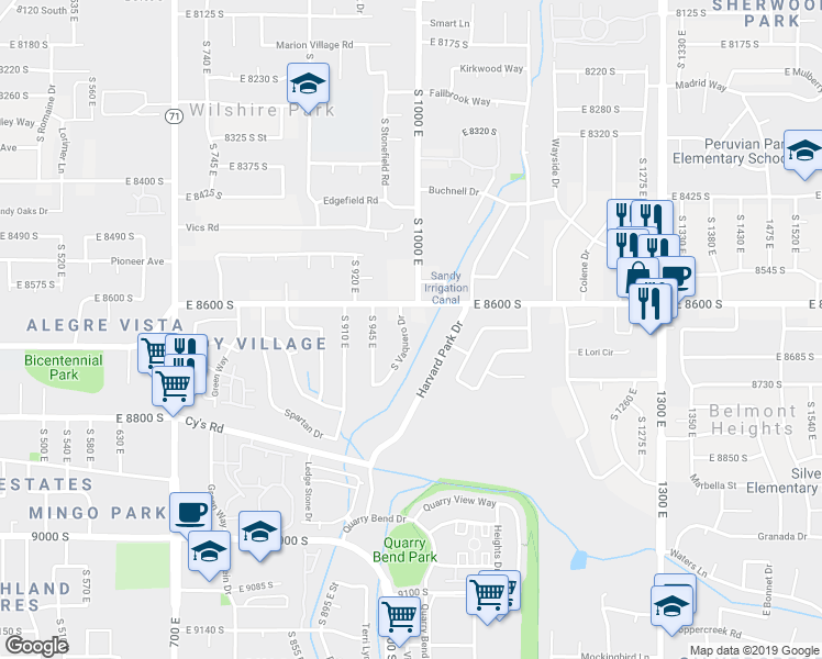 map of restaurants, bars, coffee shops, grocery stores, and more near 8643 South Vaquero Drive in Sandy
