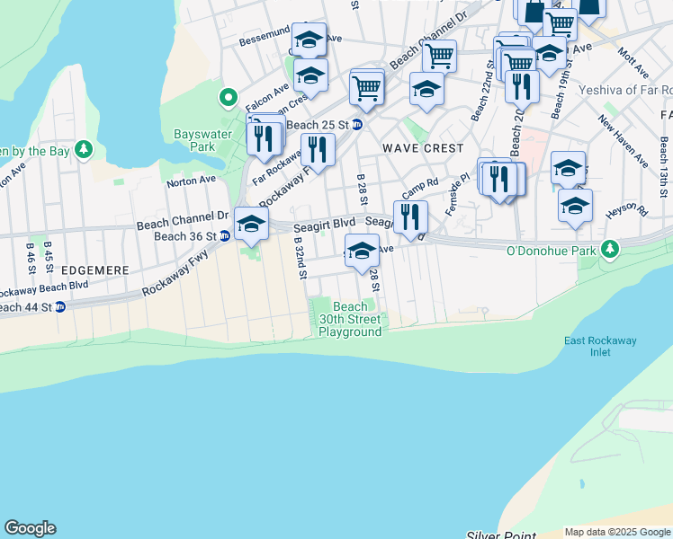 map of restaurants, bars, coffee shops, grocery stores, and more near 29-22 Lewmay Road in Queens