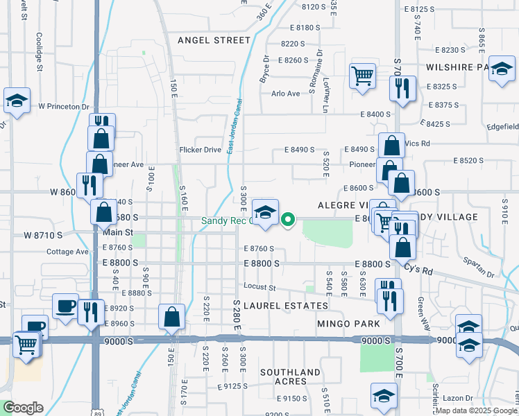 map of restaurants, bars, coffee shops, grocery stores, and more near 354 8620 South in Sandy