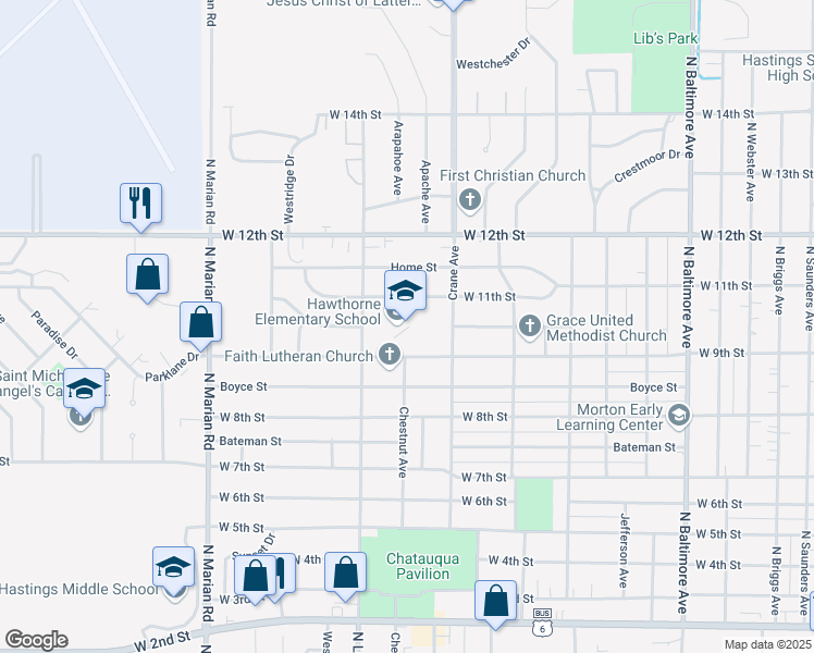 map of restaurants, bars, coffee shops, grocery stores, and more near 2200 West 9th Street in Hastings