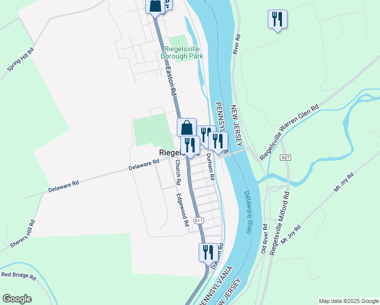 map of restaurants, bars, coffee shops, grocery stores, and more near 119 Delaware Road in Riegelsville