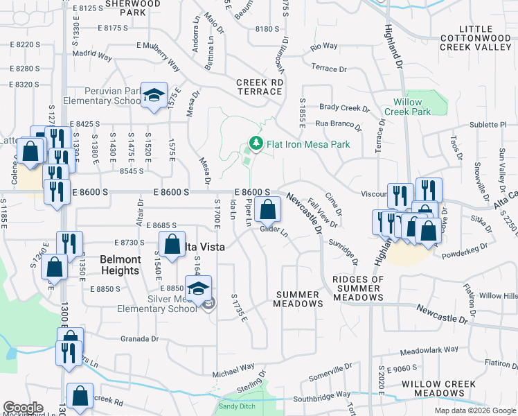 map of restaurants, bars, coffee shops, grocery stores, and more near 8642 South Cessna Circle in Sandy