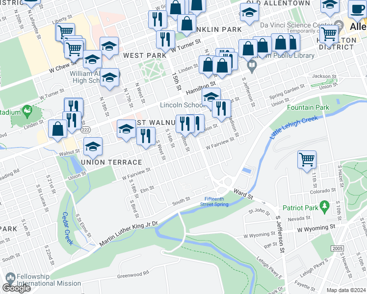 map of restaurants, bars, coffee shops, grocery stores, and more near 216 South Fulton Street in Allentown