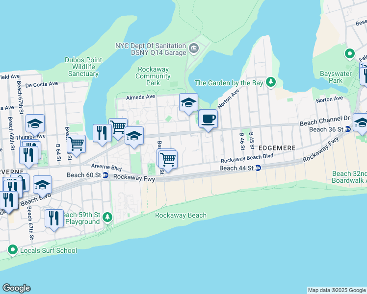 map of restaurants, bars, coffee shops, grocery stores, and more near 38-15 Beach Channel Drive in Queens