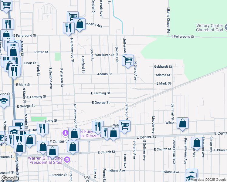 map of restaurants, bars, coffee shops, grocery stores, and more near 624 East Farming Street in Marion