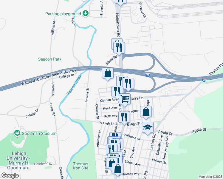 map of restaurants, bars, coffee shops, grocery stores, and more near 115 Kichline Avenue in Hellertown