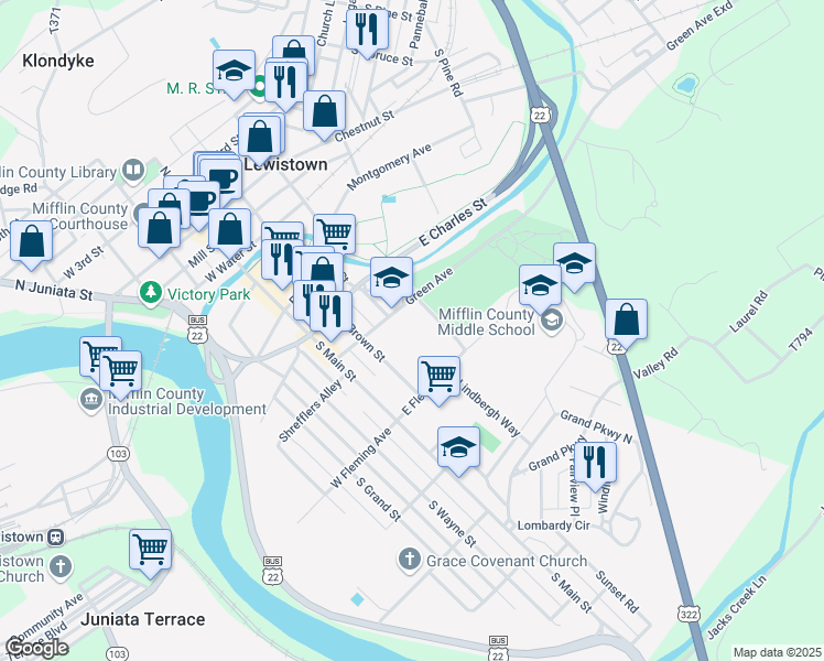 map of restaurants, bars, coffee shops, grocery stores, and more near 212 Green Avenue in Lewistown