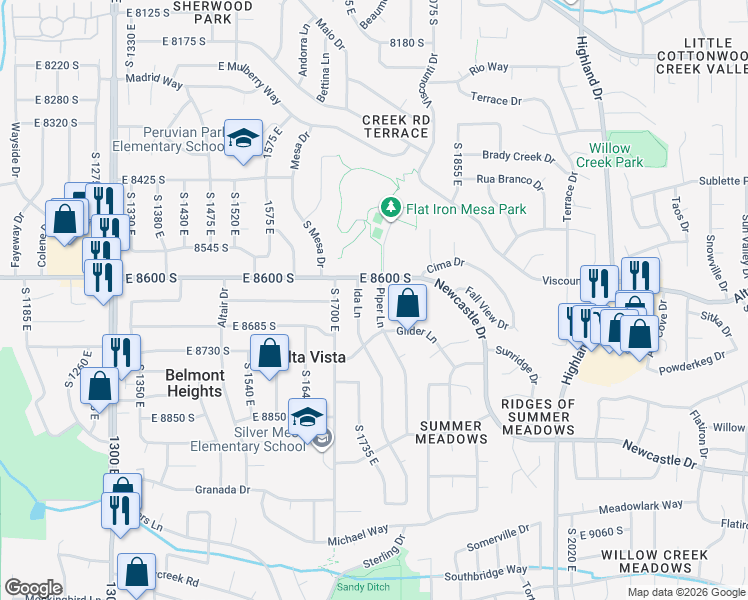 map of restaurants, bars, coffee shops, grocery stores, and more near 8629 Piper Lane in Sandy