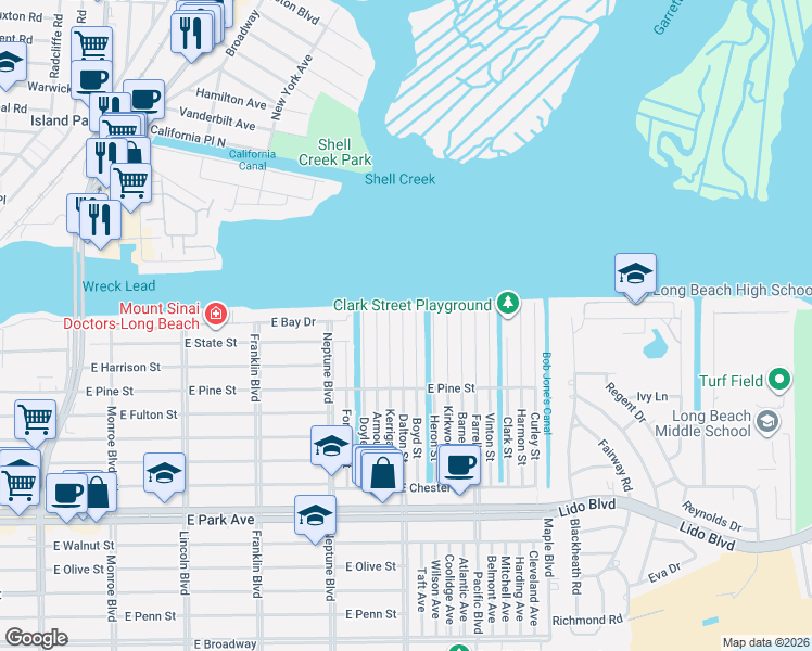 map of restaurants, bars, coffee shops, grocery stores, and more near 85 Dalton Street in Long Beach
