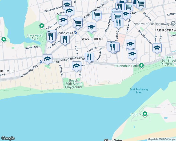 map of restaurants, bars, coffee shops, grocery stores, and more near 1-81 Beach 26th Street in Queens