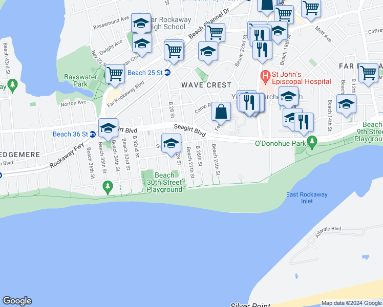 map of restaurants, bars, coffee shops, grocery stores, and more near 1-81 Beach 26th Street in Queens
