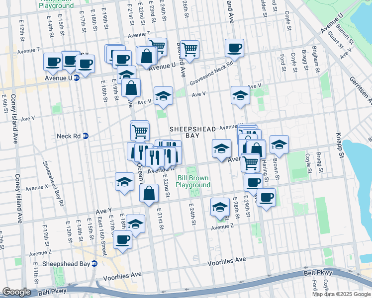 map of restaurants, bars, coffee shops, grocery stores, and more near 2328 East 24th Street in Brooklyn