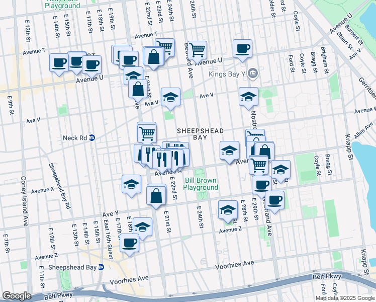 map of restaurants, bars, coffee shops, grocery stores, and more near 2328 East 24th Street in Brooklyn