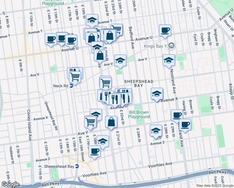 map of restaurants, bars, coffee shops, grocery stores, and more near 2325 East 22nd Street in Brooklyn
