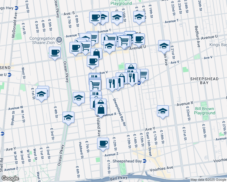 map of restaurants, bars, coffee shops, grocery stores, and more near 1047 Gravesend Neck Road in Brooklyn