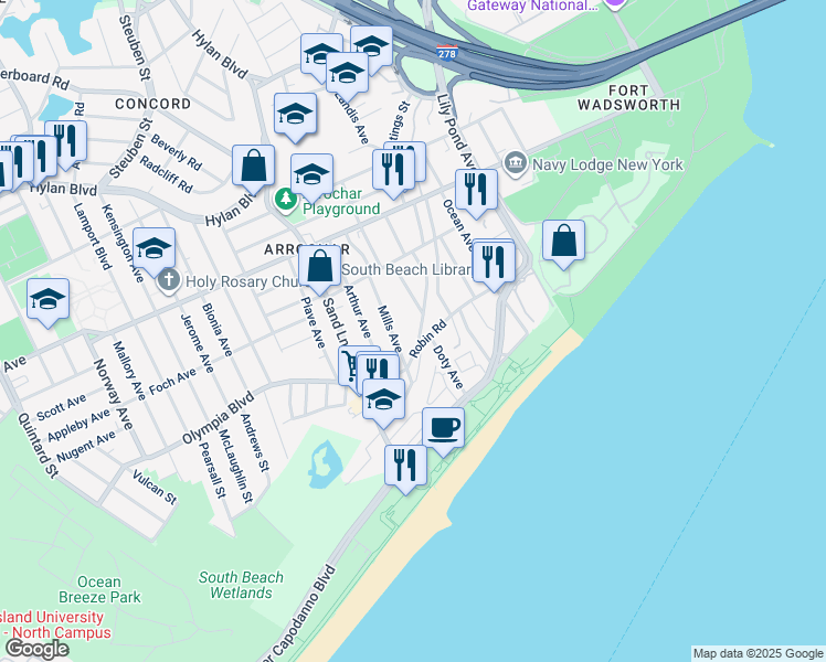 map of restaurants, bars, coffee shops, grocery stores, and more near 117 Mills Avenue in Staten Island