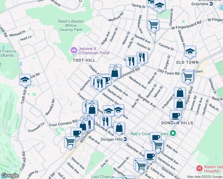 map of restaurants, bars, coffee shops, grocery stores, and more near 1412 Richmond Road in Staten Island