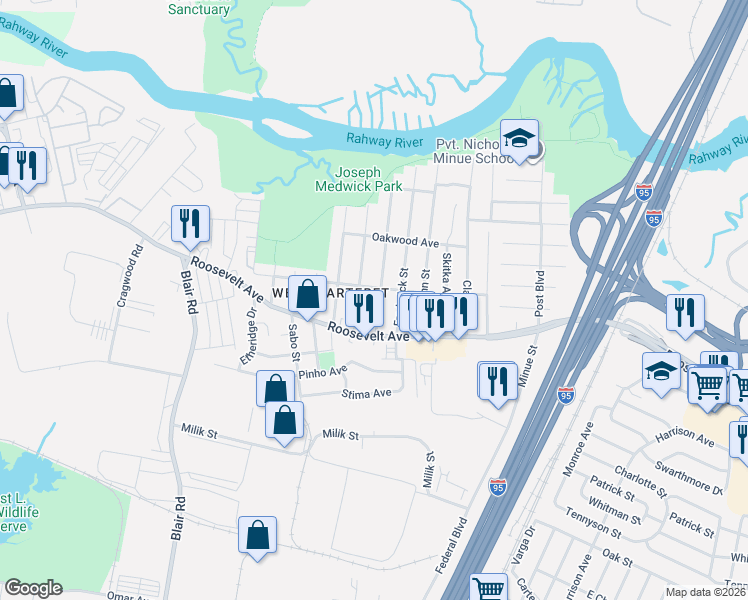map of restaurants, bars, coffee shops, grocery stores, and more near 122 Dorothy Street in Carteret