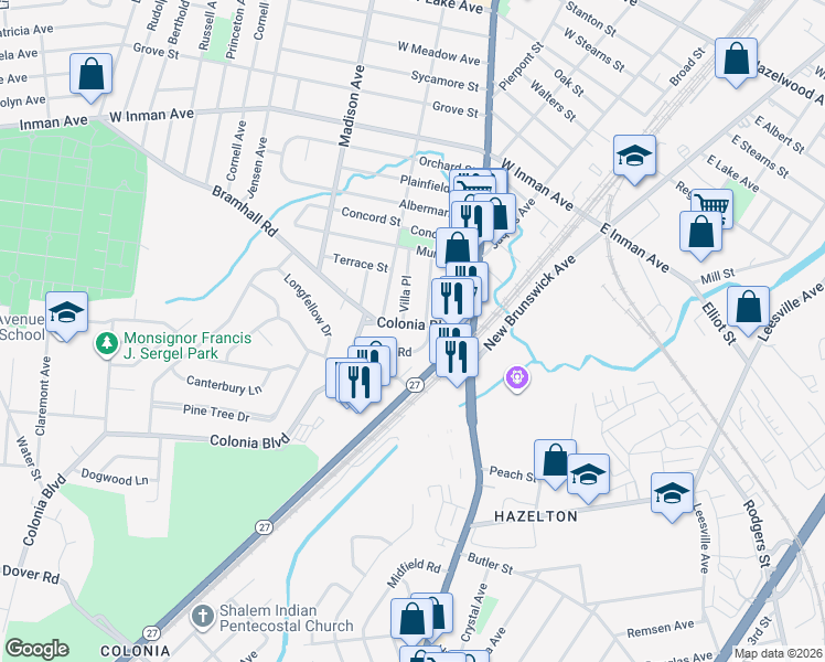 map of restaurants, bars, coffee shops, grocery stores, and more near 147 Colonia Boulevard in Rahway