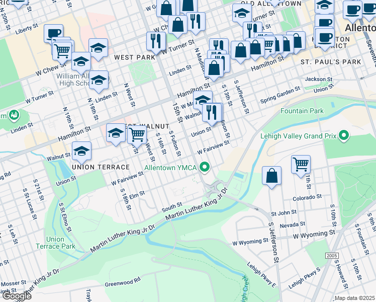map of restaurants, bars, coffee shops, grocery stores, and more near 225 South 15th Street in Allentown