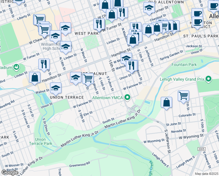 map of restaurants, bars, coffee shops, grocery stores, and more near 217 South Fulton Street in Allentown