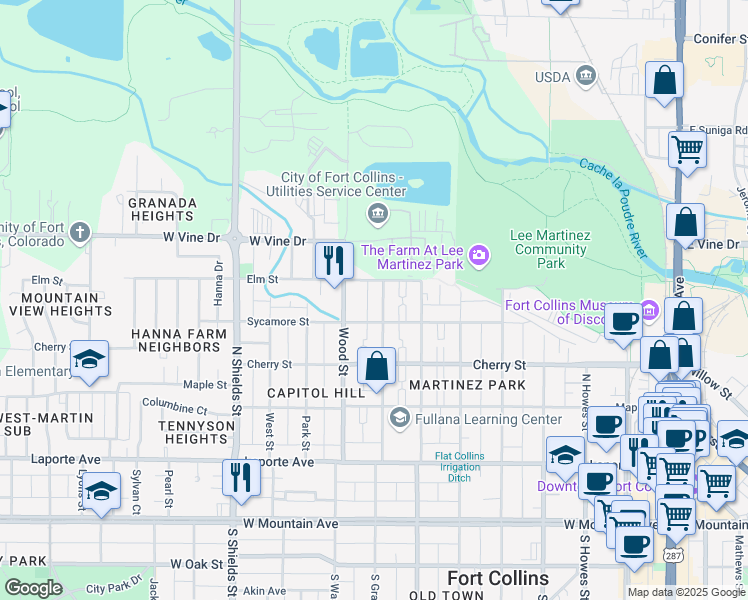 map of restaurants, bars, coffee shops, grocery stores, and more near 515 North Grant Avenue in Fort Collins