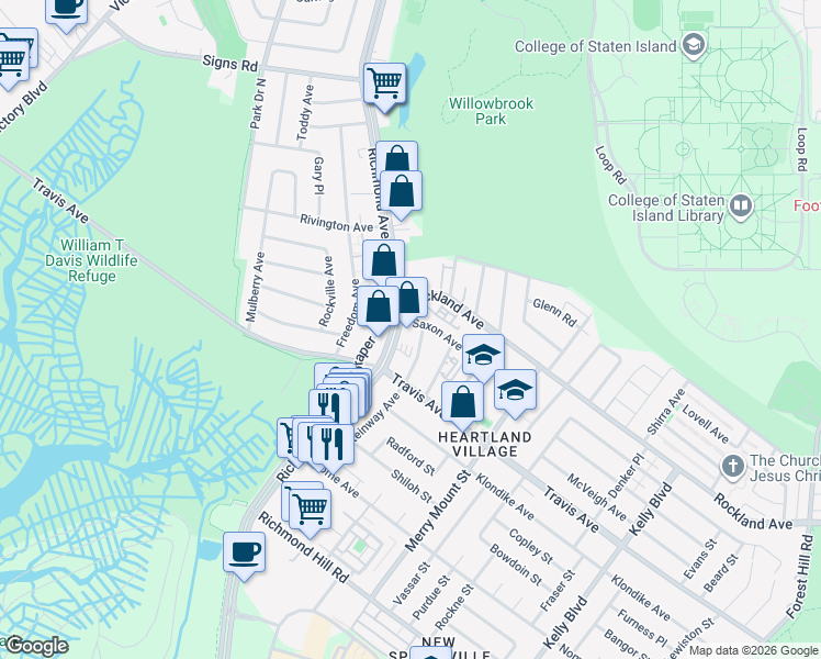 map of restaurants, bars, coffee shops, grocery stores, and more near 2153 Richmond Avenue in Staten Island