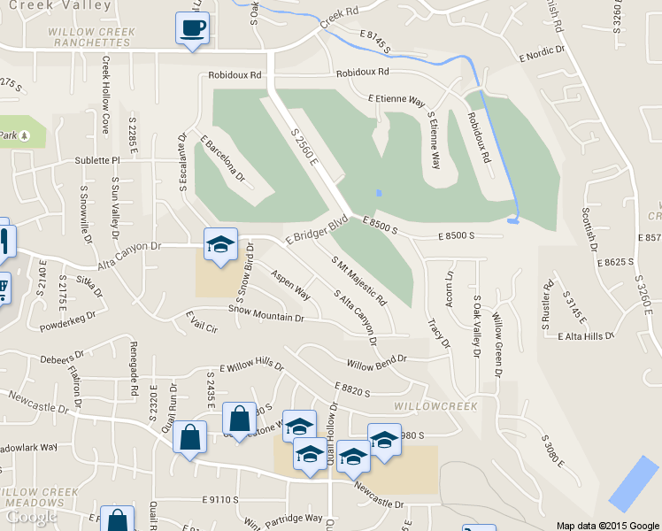 map of restaurants, bars, coffee shops, grocery stores, and more near 8628 South Mount Majestic Road in Sandy