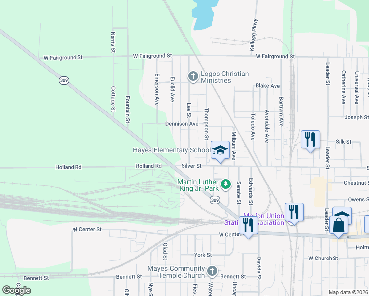 map of restaurants, bars, coffee shops, grocery stores, and more near 377 Lee Street in Marion