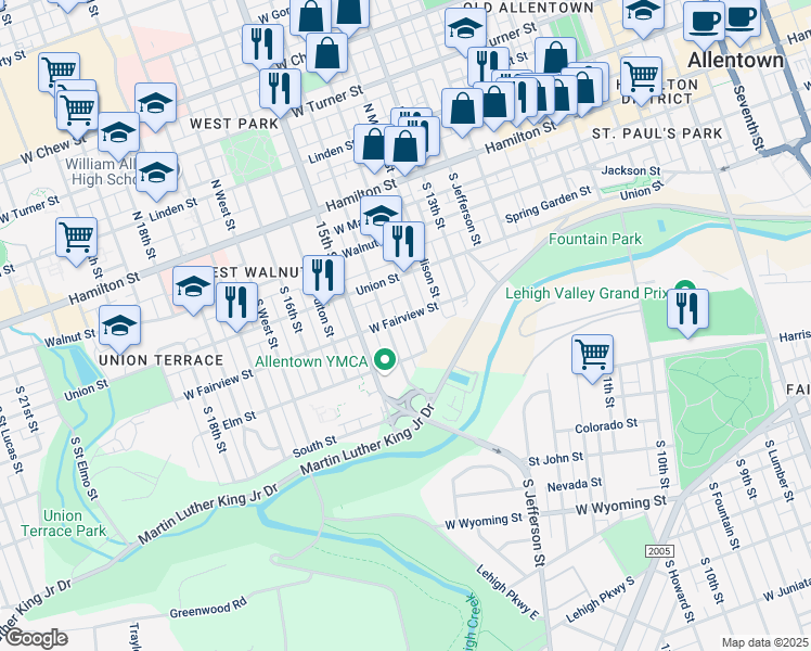 map of restaurants, bars, coffee shops, grocery stores, and more near 1410 West Fairview Street in Allentown