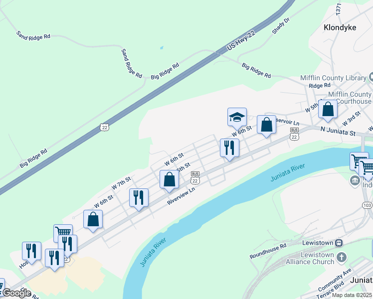 map of restaurants, bars, coffee shops, grocery stores, and more near 713 West 6th Street in Lewistown