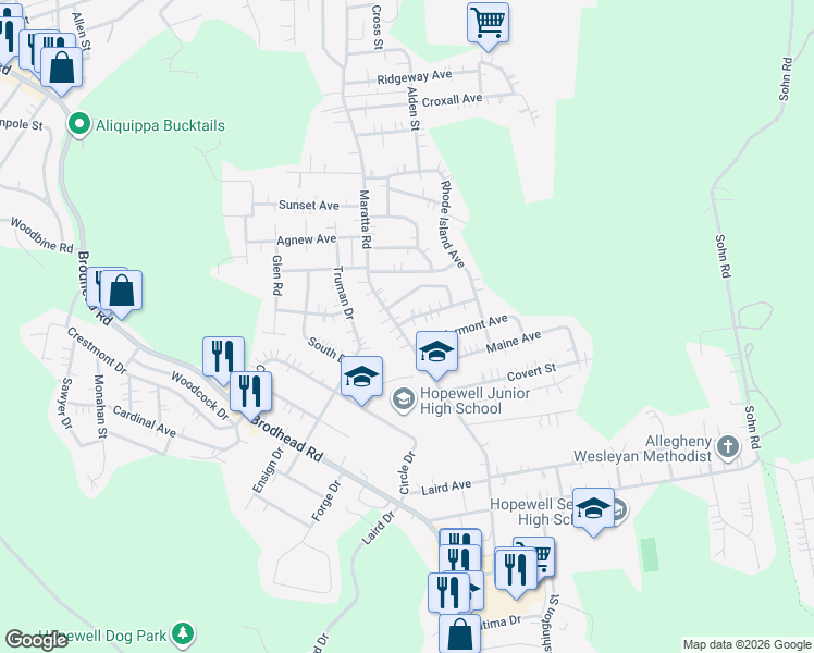 map of restaurants, bars, coffee shops, grocery stores, and more near 1925 Maratta Road in Aliquippa